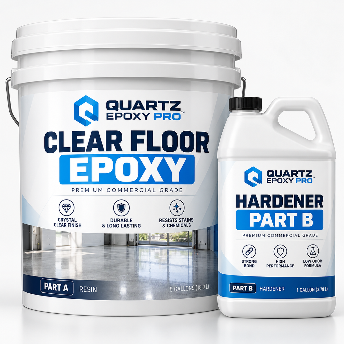Quartz Epoxy Pro clear floor epoxy kit with Part A resin and Part B hardener on white background