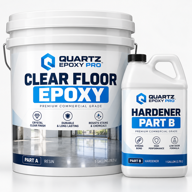 Quartz Epoxy Pro clear floor epoxy kit with Part A resin and Part B hardener on white background