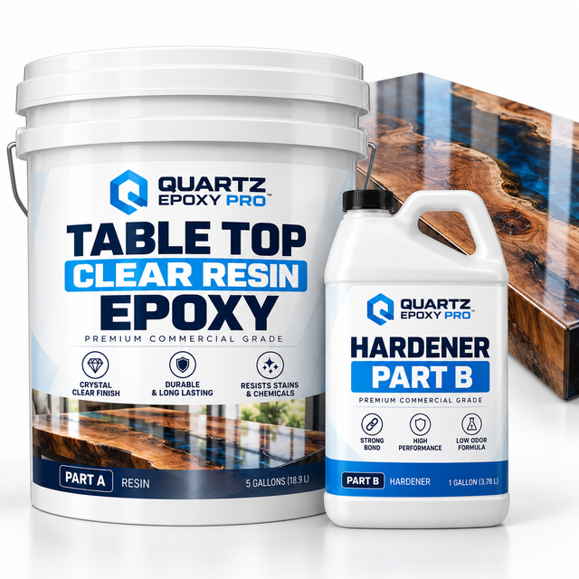 Illustrative tabletop clear resin epoxy kit, 5-gallon packaging concept