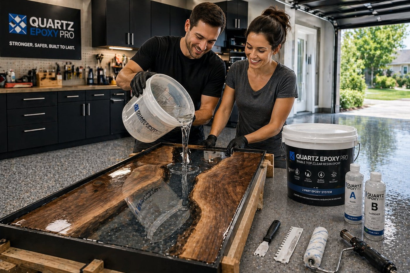 Couple pouring Quartz Epoxy Pro clear resin into a river table on an epoxy garage floor